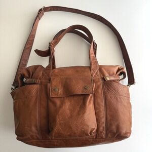 Not Rational Hansel Brandy Brown Leather Changing Pad Shoulder Duffel Diaper Bag